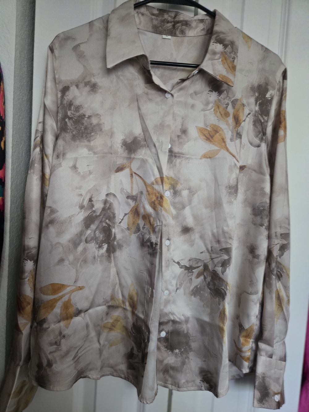 Silky Floral Button-Up Blouse in Taupe and Mustard
